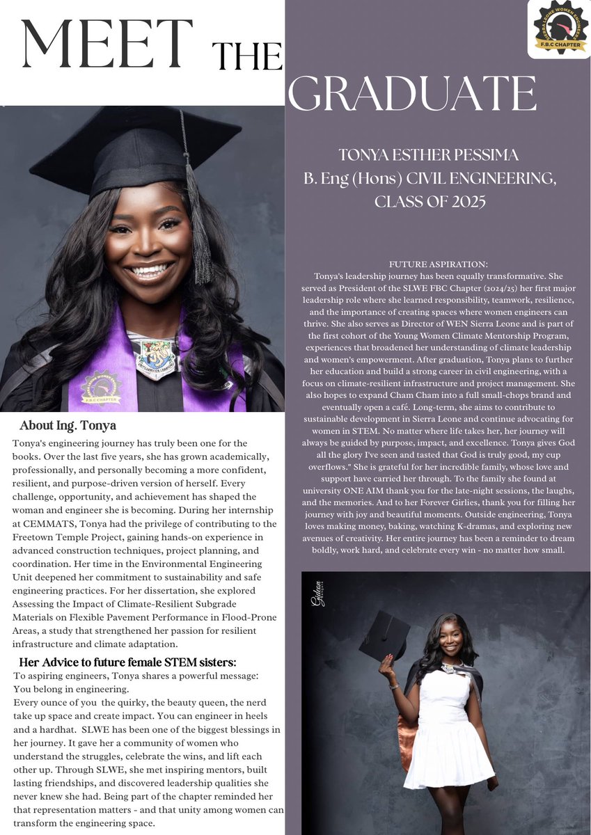 SLWE_FBCChapter's tweet photo. Meet the Graduate: Tonya Esther Pessima 
Past president of the SLWE FBC Chapter🤗

🎓B.Eng (Hons) Civil Engineering, Class of 2025
#SaloneX #graduation #MeetTheGraduate2025 #slwe #slwefbc #Womeninmalefields https://t.co/dYQqIvGp1o