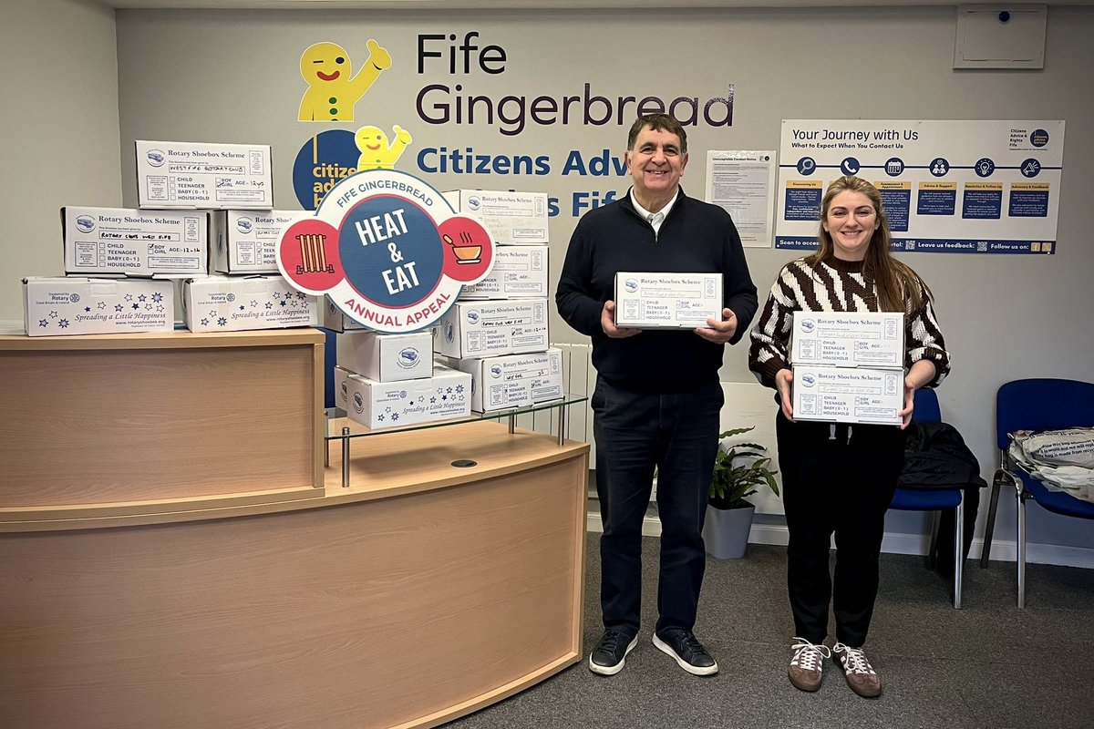 WestFifeRotary's tweet photo. Rotary Christmas Shoe Box appeal for Fife Gingerbread. Neil delivered filled boxes this morning and reported that they were very pleased with this response, and from a peek inside the boxes very happy with the contents!
#WestFife #RotaryInScotland https://t.co/8mixMtYZm4