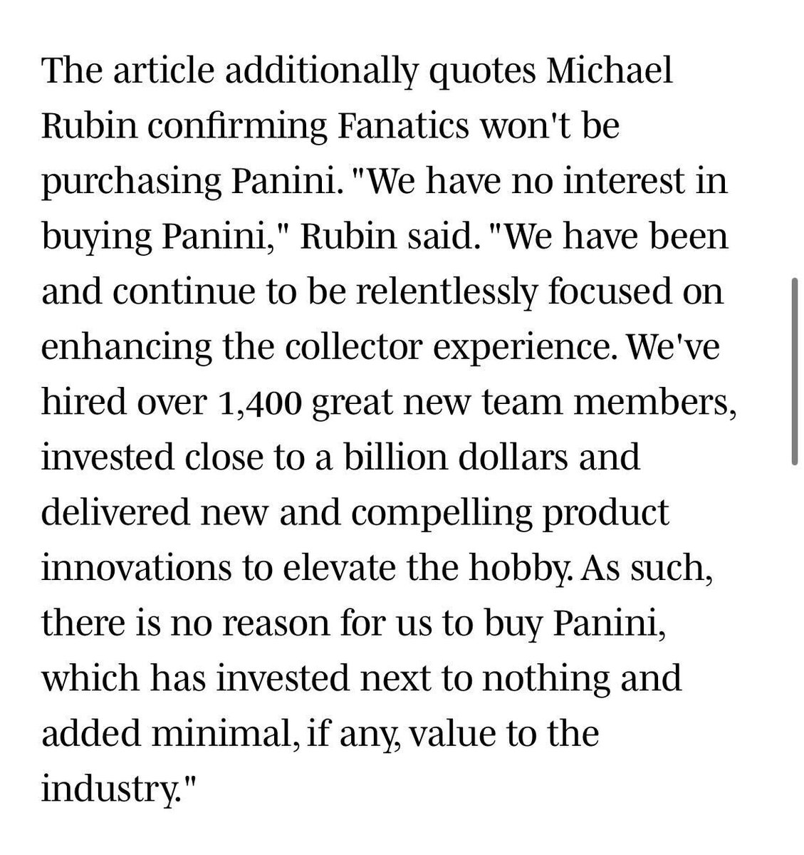 gurucollects's tweet photo. Michael Rubin sets the record straight regarding his stance on acquiring Panini. 

✍️: Larry Holder / The Athletic https://t.co/sWOEW0jzlk