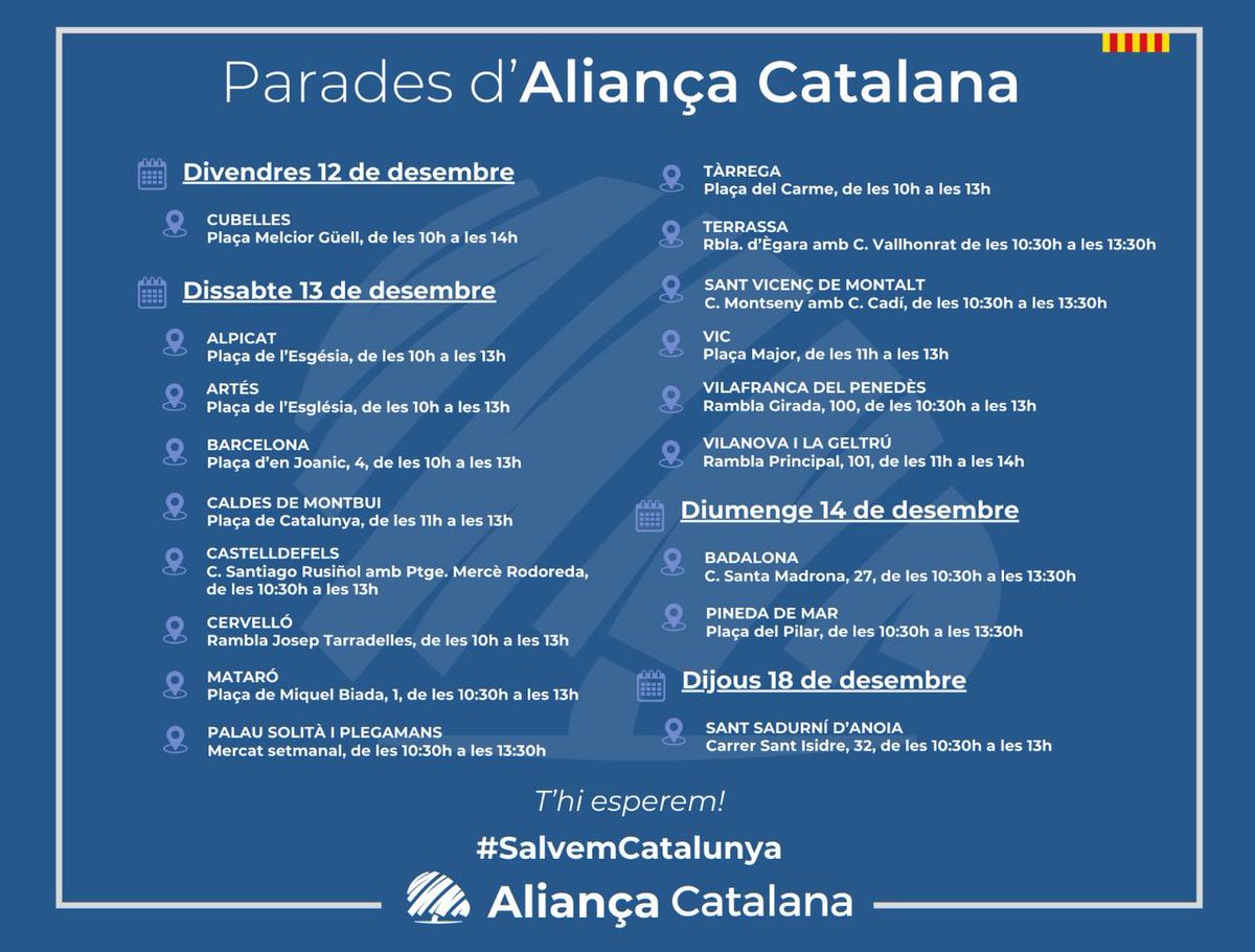 CatalunyaAC's tweet photo. Un altre cap de setmana tornem a la càrrega amb un estol de parades desplegades arreu del país.

T'hi esperem!

💙#SalvemCatalunya https://t.co/bPqvsXYJlu