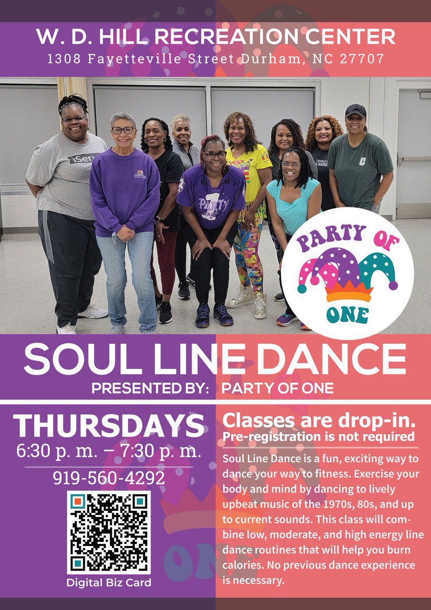 partyofone_2012's tweet photo. Join in the FUN‼ Learn beginner-level soul line dances on Thursdays at 6:30 pm at W. D. Hill Recreation Center 1308 Fayetteville St. Durham, NC. Bring a friend. 😊 #community #partyofone #bullcity #justdance #linedance #exercise #socialize #fun #durham #movement https://t.co/ZoPEQYlLNd