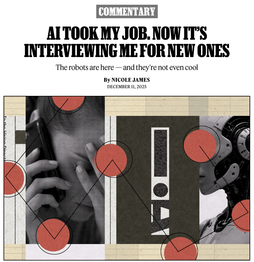 RollingStone's tweet image. “‘It’s so creepy,’ one of my friends said.

“‘I know,’ I told her. ‘But at least I got a call.’

“Two years ago, I lost my job to AI. Now AI is interviewing me for jobs.”

Read @atnicolejames' commentary: rollingstone.com/culture/cultur…