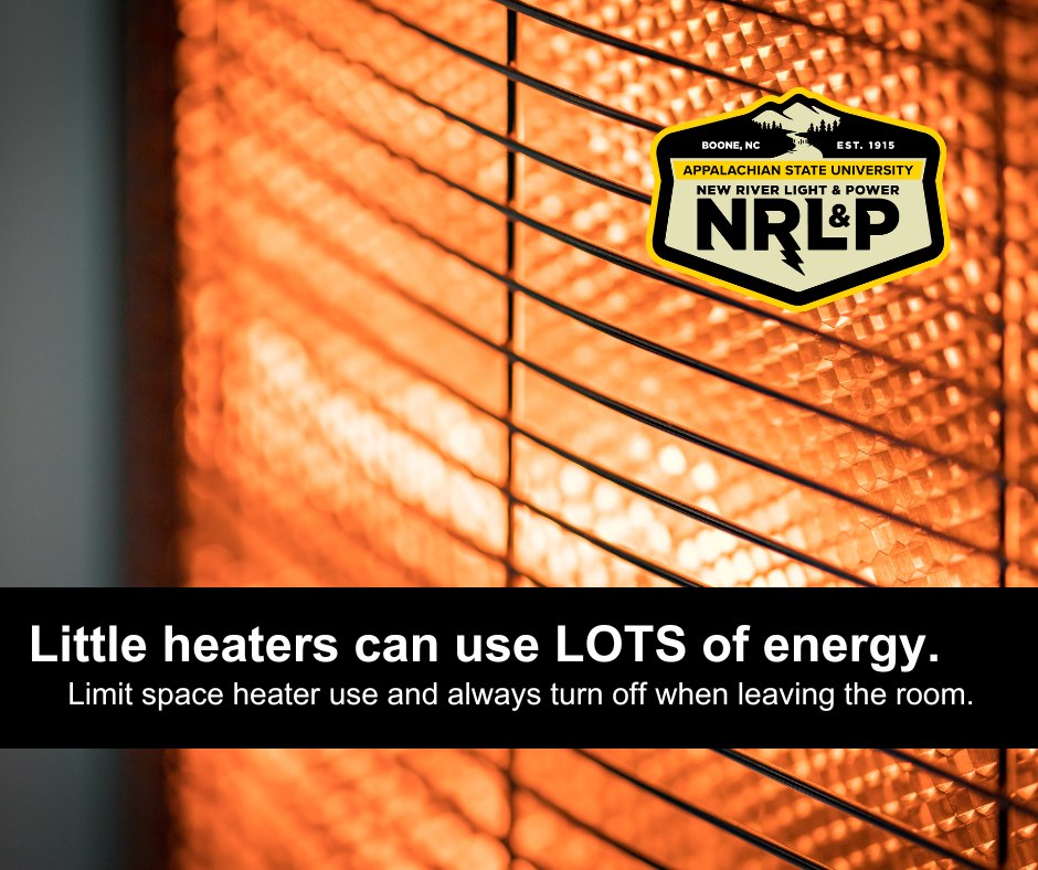 It's a chilly day in the High Country ☃

Did you know that space heaters can use a lot of energy? To use them efficiently, run them sparingly, in a small room, and turn them off when you leave.

Find more winter energy tips by visiting nrlp.appstate.edu/resources.

#KnowledgeIsPower