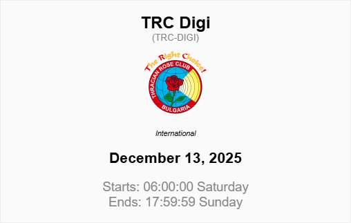 This weekend TRC Digi 

Original Rules: trcdx.org/rules-trc-digi… 
Score: contest.run/#/score/272

#TRC #DIGI #contest #ham_radio