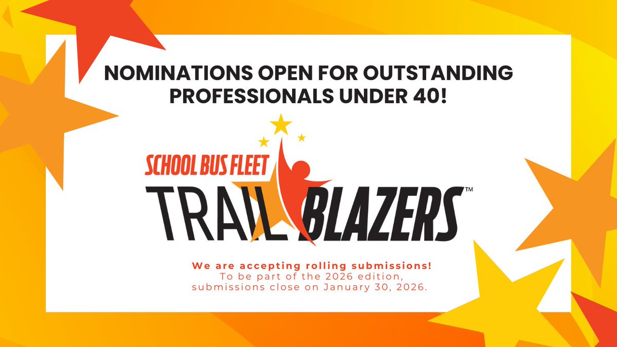 SchoolBusFleet's tweet image. 👏 Give credit where it’s due — nominate a Trailblazer! Help us tell their stories in our April/May issue and on stage at SBFX 2026!

#schoolbusfleet #schoolbusnews #studenttransportation #schoolbuses #trailblazers