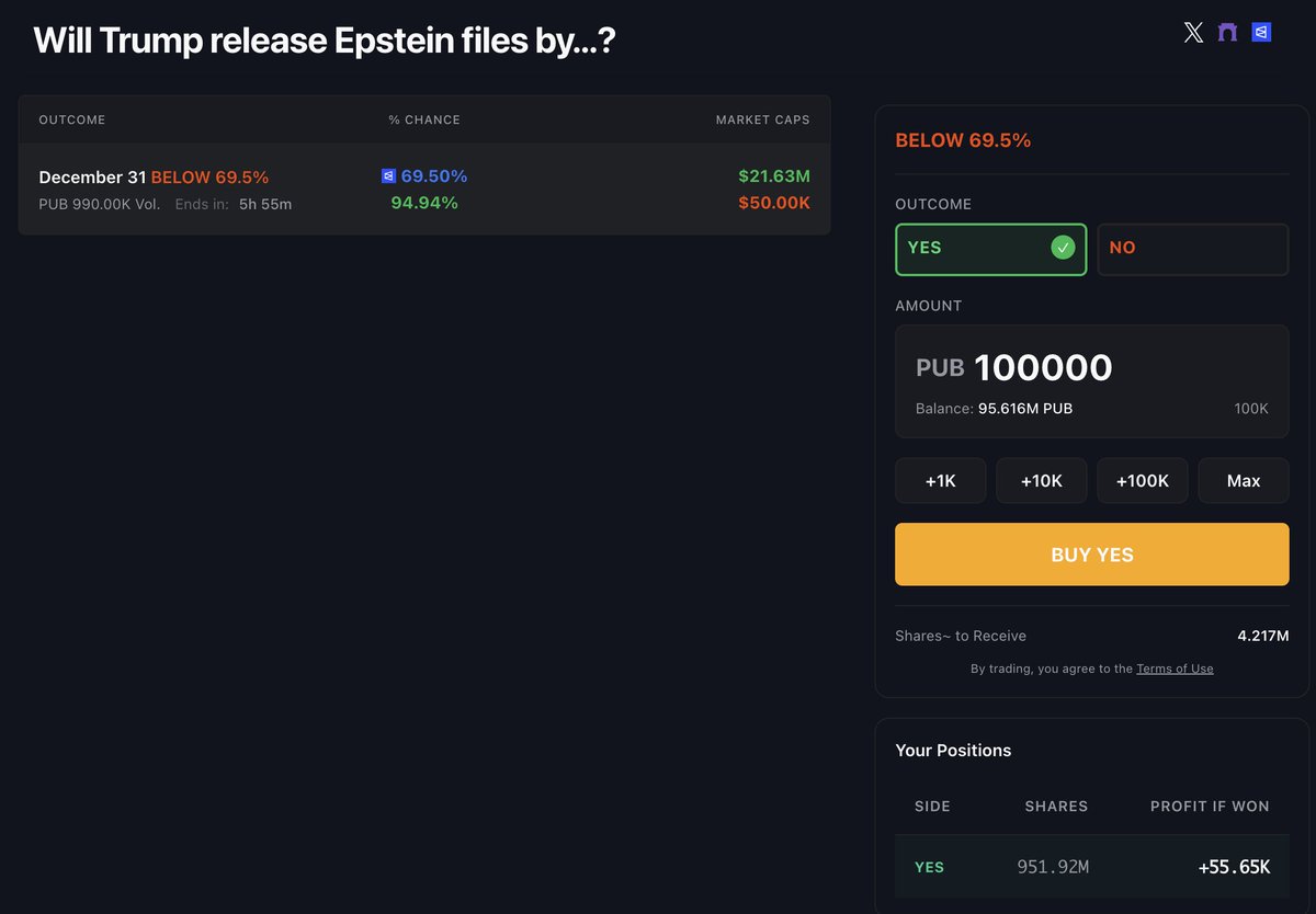 Looking good

You will be able to see real-time odds of a Polymarket market x internal Pubhouse market odds