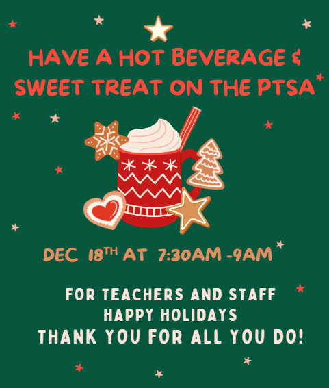 ERJrSrHighPTSA's tweet photo. Help us celebrate our amazing teachers and staff on 12/18 with a Hot Beverage/Sweet Treat Station. Email our Hospitality Chair if you are available to help, and thank you for your support!
https://t.co/jeJJOyLUKe

#PTA4Kids #HowWePTA #PTAExcellence #LASchools #StaffAppreciation https://t.co/c31F0I184b