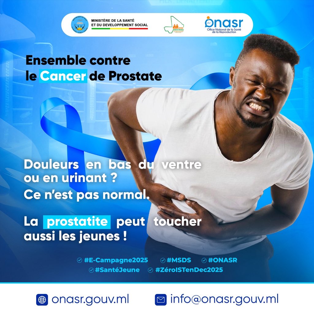 Douleurs en bas du ventre ou en urinant ? Ce n’est pas normal. 
La prostatite peut toucher aussi les jeunes !

Se connaître, c’est se protéger !

#E_Campagne2025
#MSDS
#ONASR
#SantéJeune
#ZéroISTenDec2025
#chaqueenfantcompte
