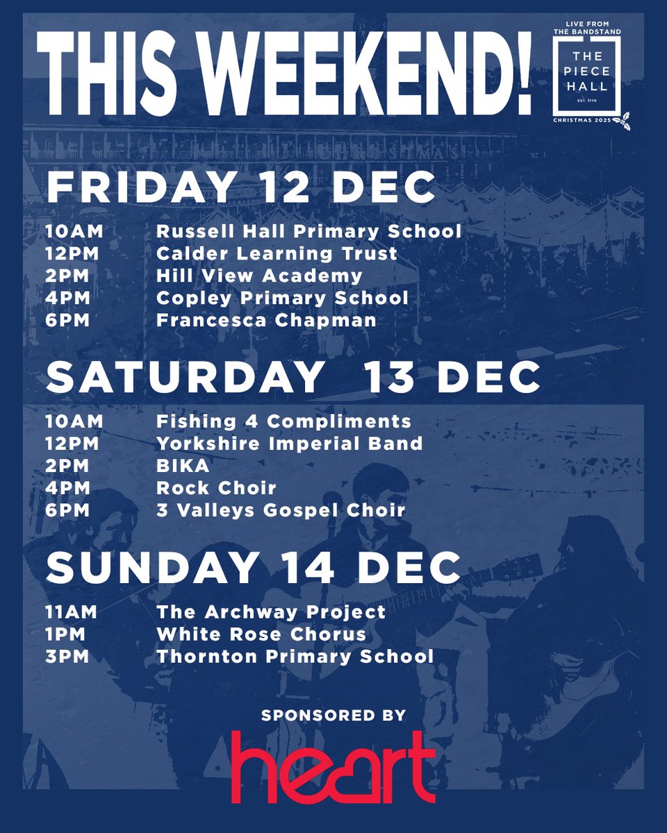 Festive cheer is in full swing at The Piece Hall! 🎄

Enjoy live music on the bandstand* proudly sponsored by Heart 🛍️💫

Our Christmas markets are open 10am - 7pm Friday &amp; Saturday and 10am - 4pm Sundays. 

* Timings are subject to change.
