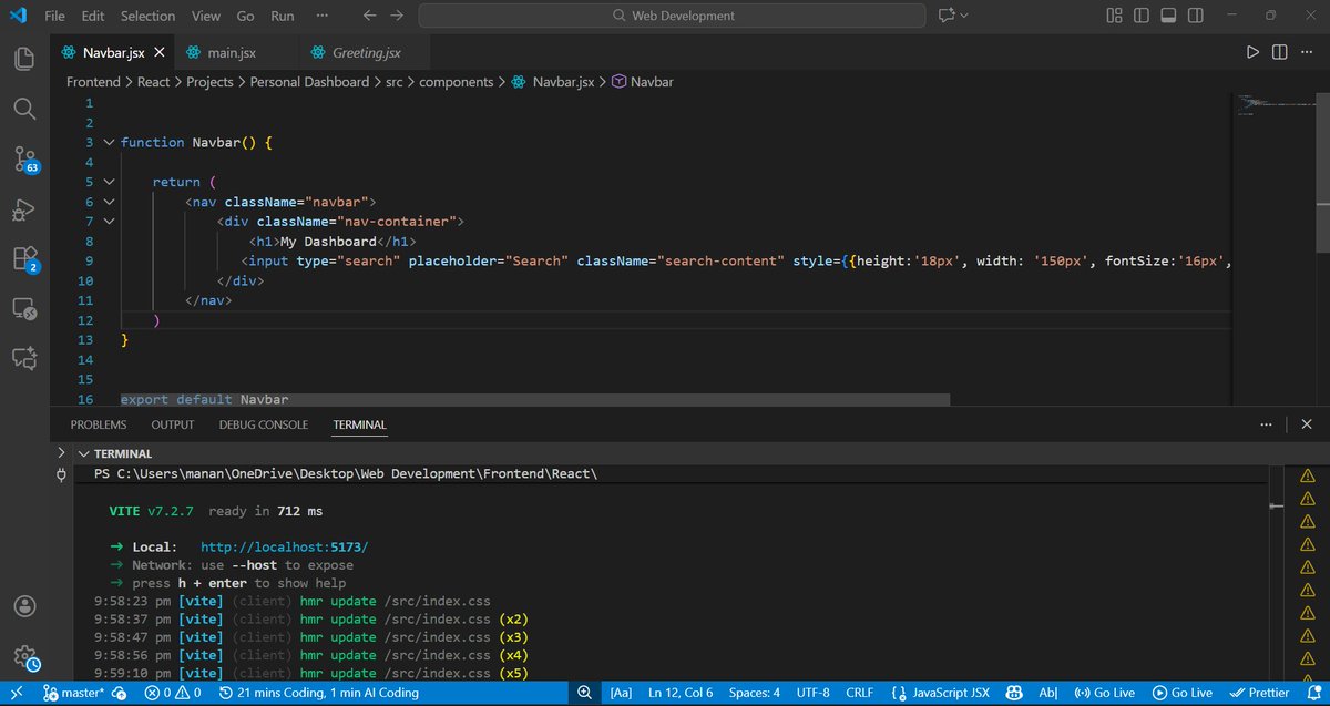 MananCodes123's tweet image. 🚀Day 69  #CoderArmy
Today I pushed my React project a little further ⚛️
School exams &amp;amp; other responsibilities are keeping me busy, so I can only give ~30 mins a day till mid-March.
Still, progress is progress built my Navbar component (Navbar.jsx) today. Keep moving. 
#ReactJS