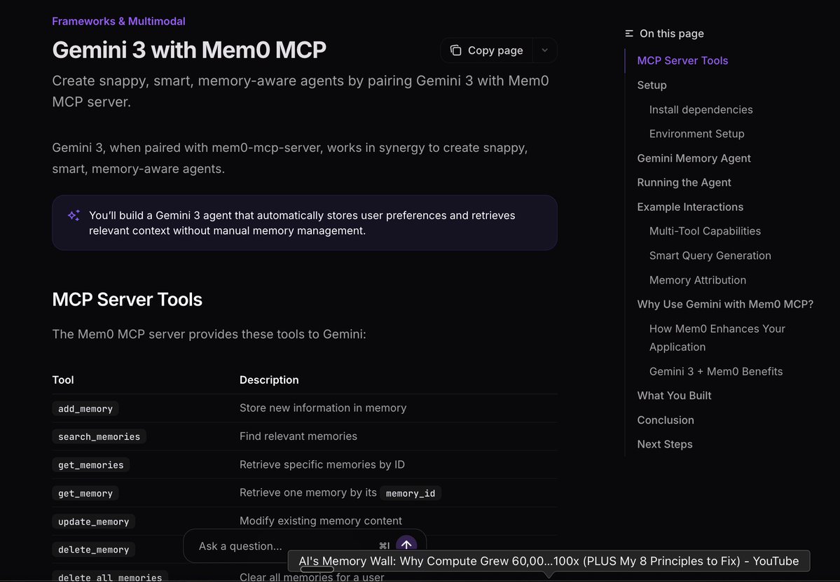 mem0ai's tweet image. 🚀New cookbook: Gemini 3 + Mem0 MCP

We put together a step-by-step guide showing how to add Mem0’s persistent, structured memory to a Gemini 3 workflow using the Model Context Protocol.

If you&apos;re building agents that need long-term recall, consistent context, and reliable…