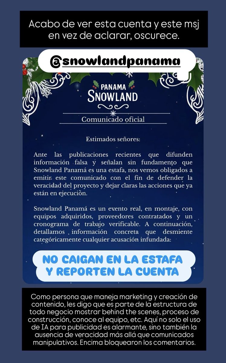 etherealelunex's tweet photo. Hey mi gente, hay una estafa circulando en IG: Snowland Panama, MUCHO CUIDADO. Todo, absolutamente todo de esto, es sospechoso. Dejo 🧵 con algunas capturas y seguiré desarrollando más adelante (estoy trabajando). Por favor denle repost, quieren sacarle plata a la gente como sea. https://t.co/T2Y9zBXOrj
