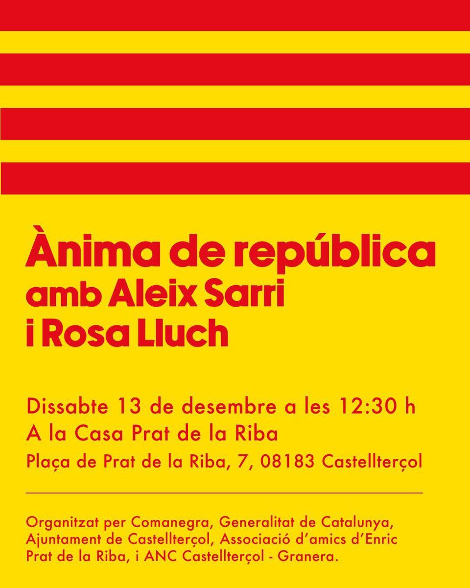 Aquest dissabte 13/12 a Castellterçol, l’<a href="/aleixsarri/">Aleix Sarri i Camargo</a> ens presenta ‘Ànima de República’, en conversa amb la historiadora <a href="/RosaLluchBramon/">Rosa Lluch Bramon</a> 
Si no heu llegit el llibre us el recomano molt i molt!