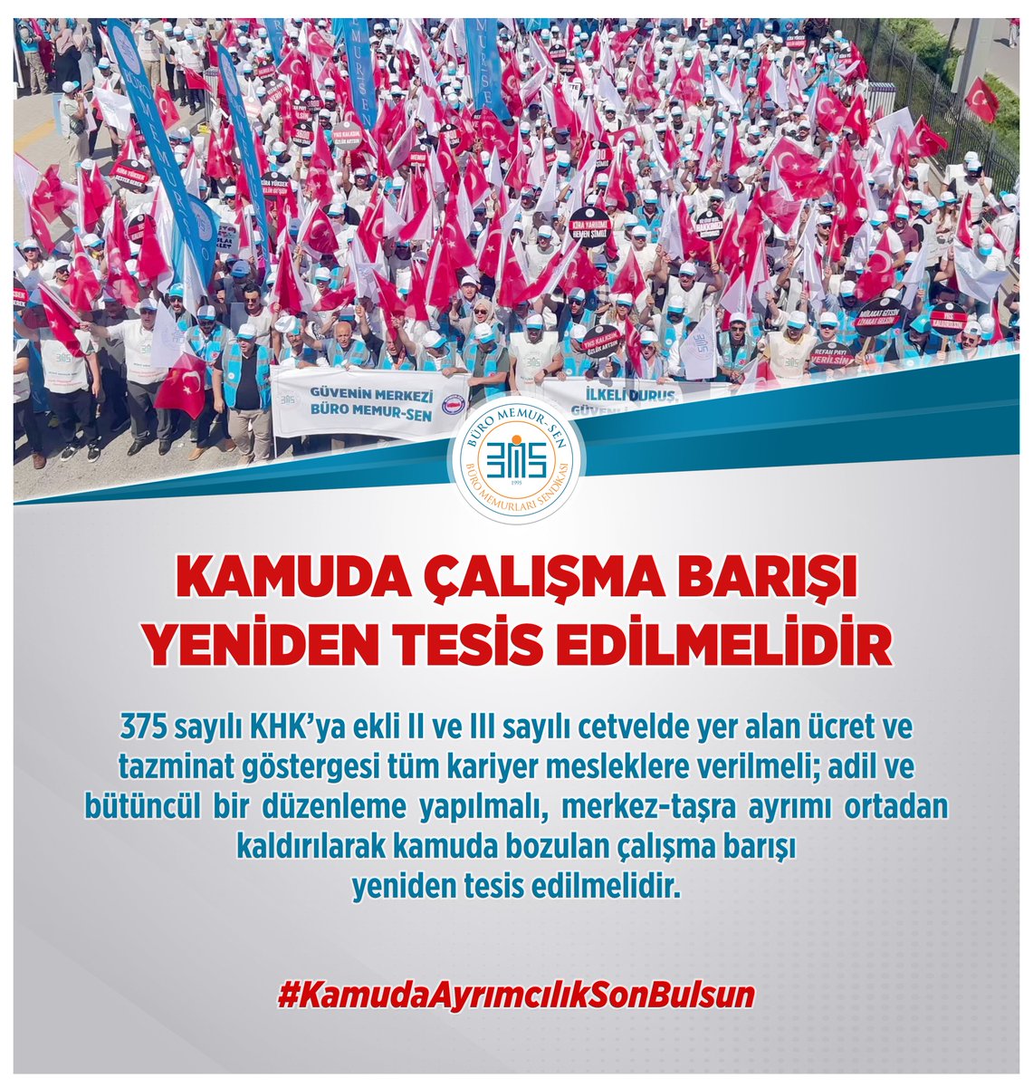 KAMUDA ÇALIŞMA BARIŞI YENİDEN TESİS EDİLMELİDİR

375 sayılı KHK’ya ekli II ve III sayılı cetvelde yer alan ücret ve tazminat göstergesi tüm kariyer mesleklere verilmeli; adil ve bütüncül bir düzenleme yapılmalı, merkez-taşra ayrımı ortadan kaldırılarak kamuda bozulan çalışma