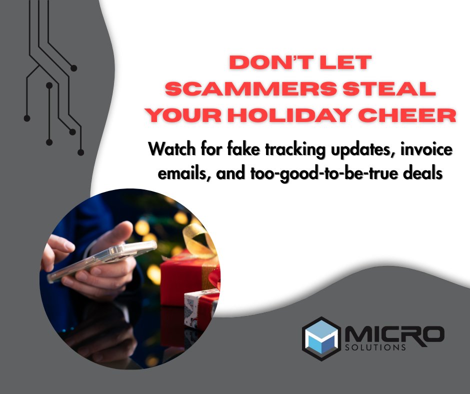 MicroSolutionNY's tweet photo. Holiday phishing scams are surging.
Watch for fake delivery updates, bogus invoices, and gift card requests.

If it feels urgent or unexpected, pause before you click.
#Cybersecurity #TechTip #Holidays https://t.co/AU3sp2RijC