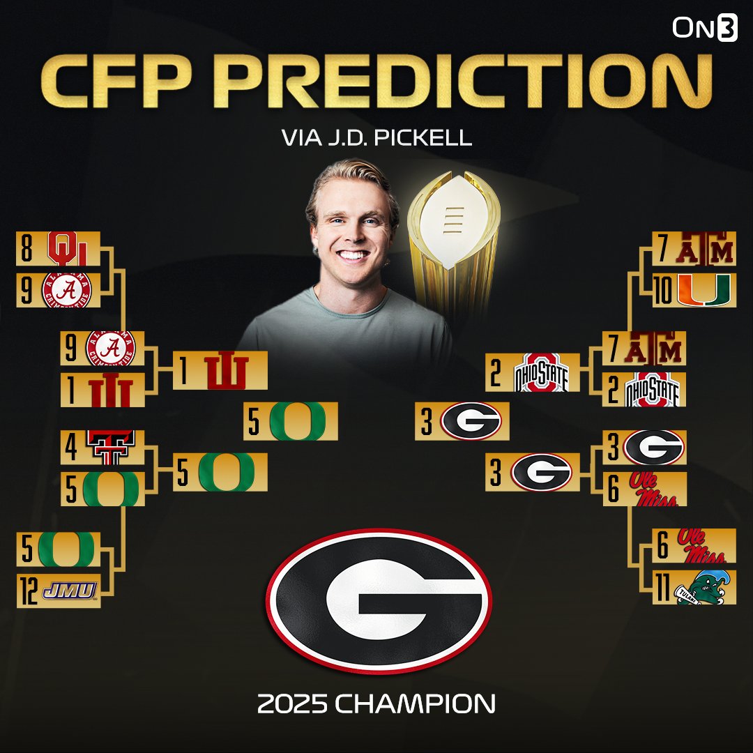 On3's tweet photo. NEW: College Football Playoff Prediction via @jdpickell🏆

Do you agree? 🤔

https://t.co/Y9GDTWDBA6