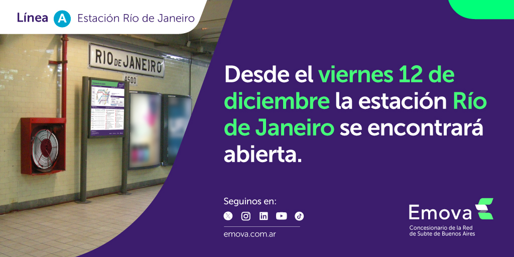 Emova_arg's tweet image. 🚨 ¡Atención usuarios!

👉 Desde el viernes 12 de diciembre, la estación Río de Janeiro de la #LíneaA estará operativa.