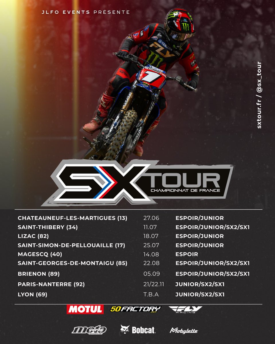 Le Supercross de l’#Yonne toujours au calendrier du SX Tour ! Et pour la deuxième année consécutive, le titre de champion de France de Supercross dans la catégorie espoir sera décerné sur le terrain des Morillons à Brienon !
🗓️ Rendez-vous le 5 septembre 2026