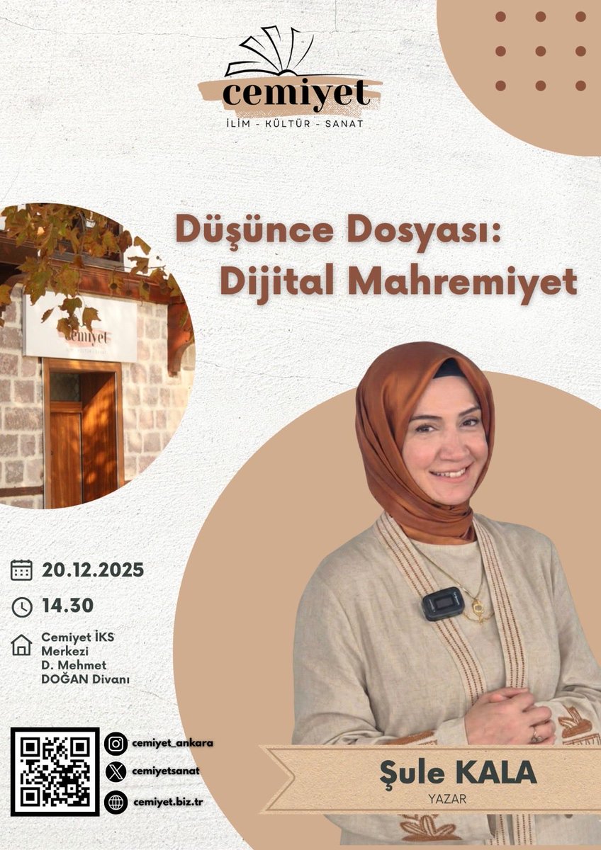 📌 Düşünce Dosyası | Dijital Mahremiyet
🎙 Yazar: Şule Kala
🗓 20 Aralık 2025
🕞 14:30
📍 Cemiyet İKS – Mehmet Doğan Divanı