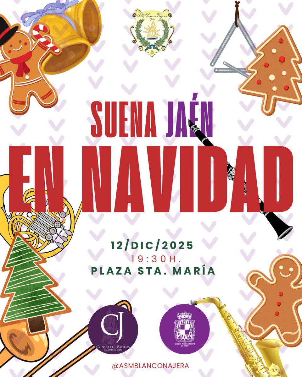 🎄🎉𝐒𝐮𝐞𝐧𝐚 𝐉𝐀𝐄́𝐍 𝐞𝐧 𝐍𝐀𝐕𝐈𝐃𝐀𝐃💜🎶

Mañana viernes, 𝟏𝟐 𝐝𝐞 𝐝𝐢𝐜𝐢𝐞𝐦𝐛𝐫𝐞, la <a href="/blanco_najera/">Asociación Musical ‘‘Blanco Nájera’’</a> realizará un concierto ante nuestra Catedral, en la 𝐏𝐥𝐚𝐳𝐚 𝐝𝐞 𝐒𝐚𝐧𝐭𝐚 𝐌𝐚𝐫𝛊́𝐚 de nuestro Jaén.

#Jaén #ConsejoBandasCJ #JaénEnNavidad