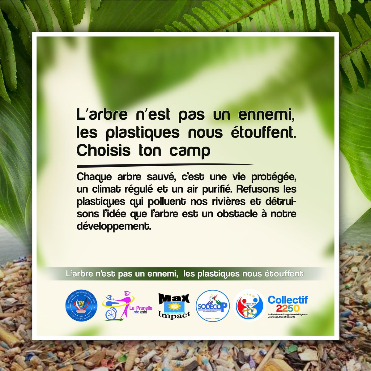 L’#arbre n’est pas un ennemi, les plastiques nous étouffent. Choisis ton camp.Chaque arbre sauvé, c’est une vie protégée, un #climat régulé et un air purifié. Refusons les plastiques qui polluent nos rivières et détruisons l’idée que l’arbre est un obstacle à notre développement.