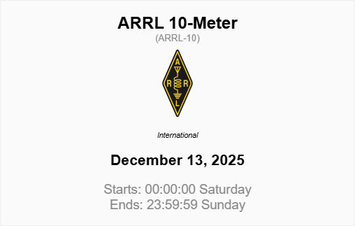 #ARRL
This weekend ARRL 10-Meter

Original Rules: arrl.org/10-meterLive

Score: contest.run/#/score/7