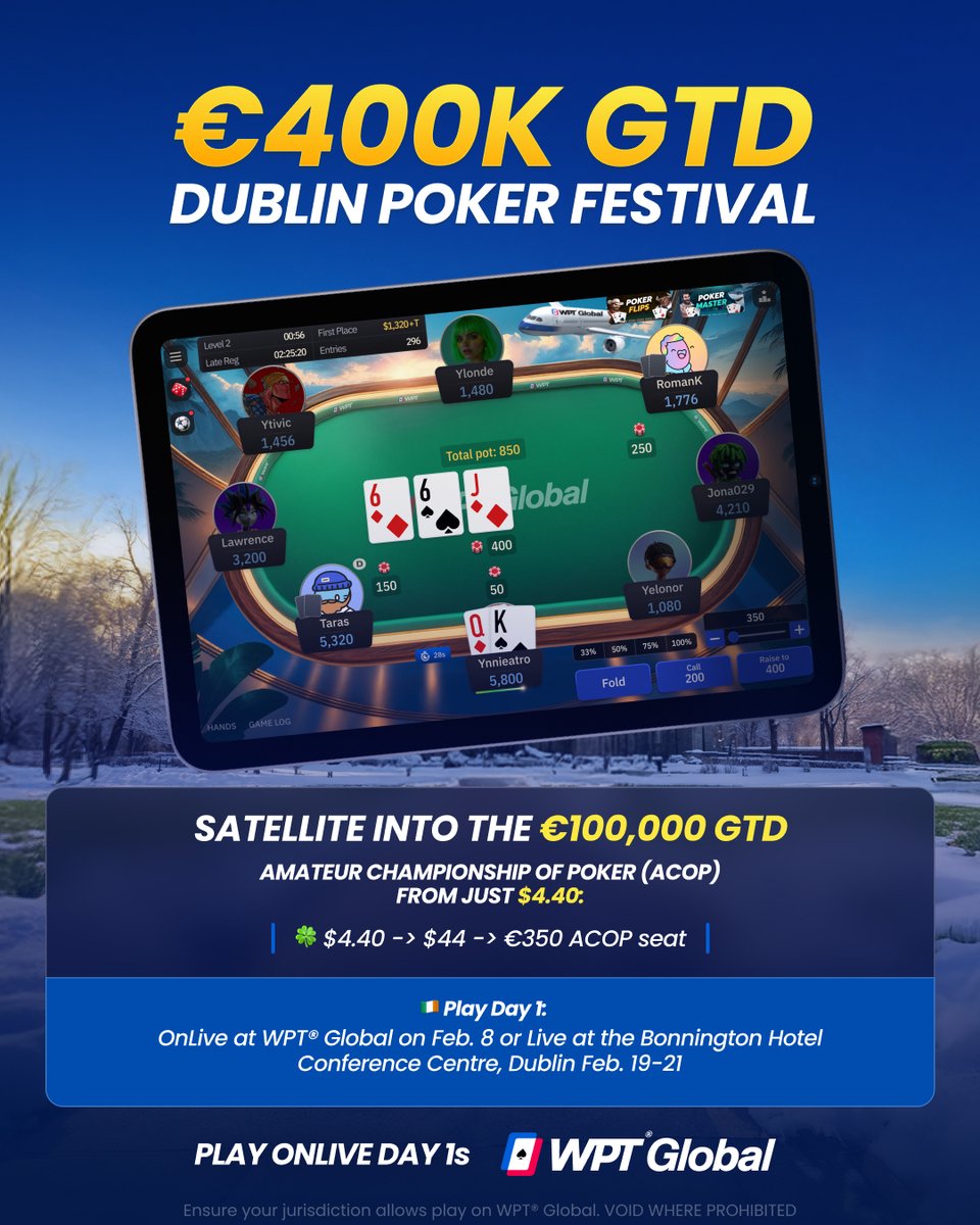 WPTGlobalIE's tweet photo. Secure your seat in the ACOP Main Event on WPT Global! ♠️

Step satellites run Tuesday to Thursday 🧱

Jump into the $44 → €350 satellite this Thursday at 7PM Irish time! 🕰️

#ACOP #DPF #WPTG @wpt_global https://t.co/kG3N8XevMK