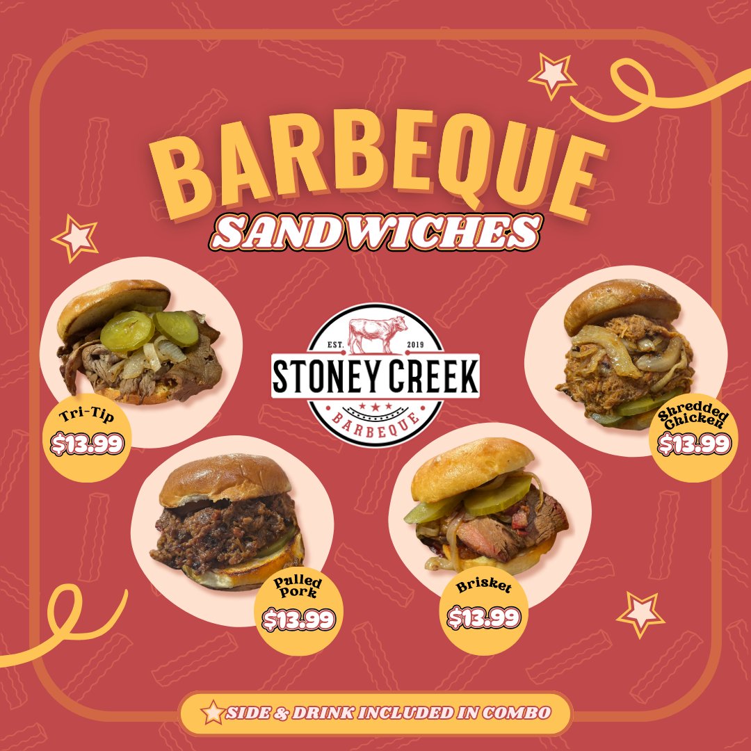 stoneycreekbbq's tweet image. Order a Tri-Tip, Brisket, Pulled Pork, or Shredded Chicken sandwich today at Stoney Creek Barbeque! Our BBQ Sandwich combos come with a drink and a side, now for $13.99!

#StoneyCreekBBQ
#Porterville
#BBQSandwich
#PulledPork
#ShreddedChicken
#Brisket
#TriTip