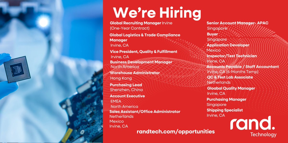 We’re hiring around the world! 

If you're passionate about tech, supply chain, sales, logistics, or quality, explore opportunities to join the Rand Technology team.

Apply here ➡️ bit.ly/RandCareers

 #Hiring #Jobs #Careers #RandTechnology