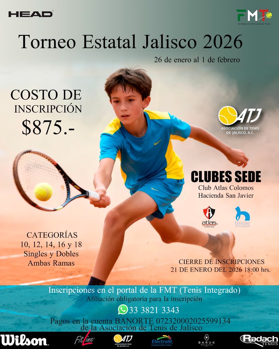 ATJTENNIS's tweet photo. 🎾 Torneo Estatal Jalisco 2026
¡Arrancamos el año en la cancha! Del 26 de enero al 1 de febrero se juega el Infantil/Juvenil ATJ–FMT, el primer gran reto de nuestra temporada.

Jugadores, entrenadores y familias: ¡es momento de competir, sumar puntos y seguir creciendo! https://t.co/JJkC4gNc8M