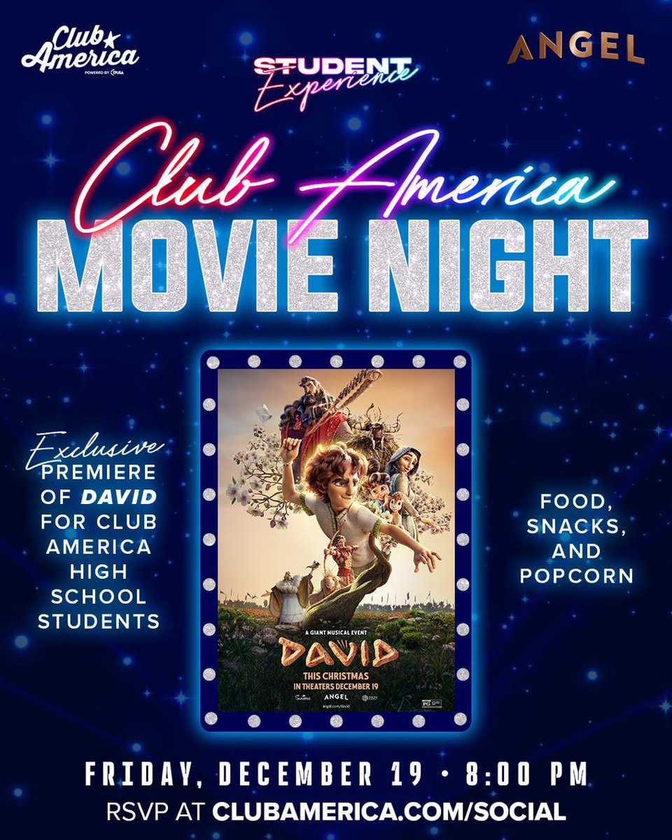 tpusastudents's tweet image. Club America this one’s for YOU! ⭐️
Get ready for the most iconic AmFest student social: Movie Night + the exclusive premiere of DAVID 🎬💫

Come for the movie… stay for the snacks, the friends, and the Club America energy 😎

RSVP before spots fill up at ClubAmerica.com/social…