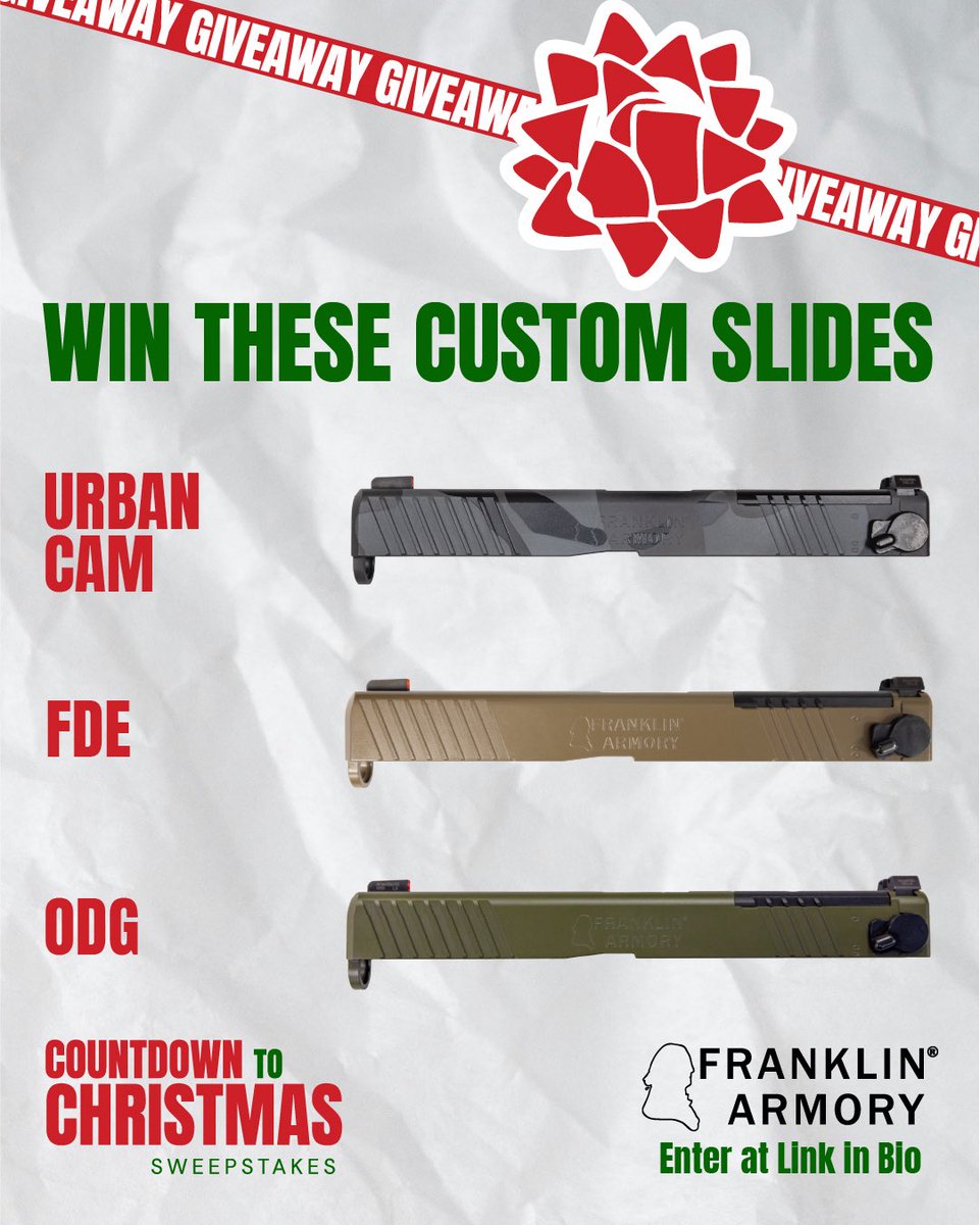 FranklinArmory's tweet image. Its the season of giving and we are looking to spread some holiday cheer! Enter the Countdown to Christmas Sweepstakes for your chance to win a custom 1-of-1 G-S173 Binary trigger and slide kit for the Glock 17 Gen 3. Head to the link in bio to learn more!
#BinaryGiveaway #PewPew