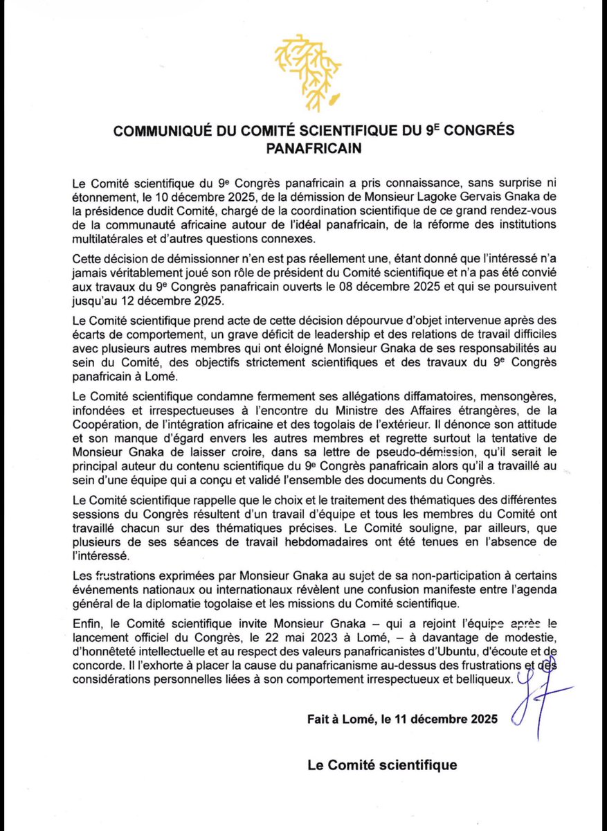 Alitossa's tweet image. 9ᵉ Congrès panafricain : le Comité scientifique rejette la démission et les accusations de M. Gnaka, dénonçant son manque d’implication, son comportement inapproprié et rappelant que le travail du Congrès résulte d’un effort collectif. 

Lire ci-dessous le communiqué