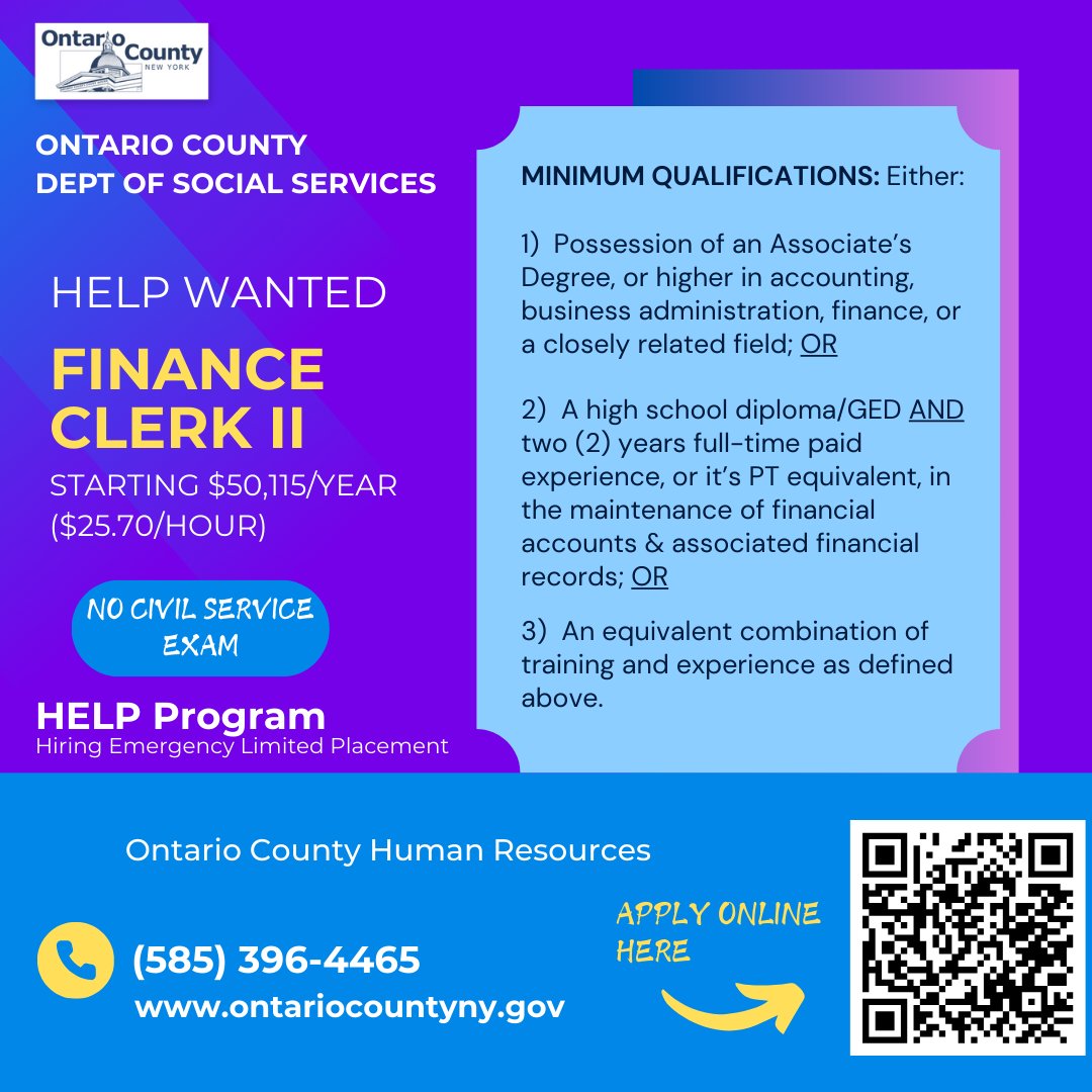 Ontario County Department of Social Services is seeking applicants for Finance Clerk II (starting pay $25.71/hr.). See the full job description at ontario-portal.mycivilservice.com/jobopps

#HelpWanted #NowHiring #OntarioCountyJobs #AccountingJobs #FinanceJobs
