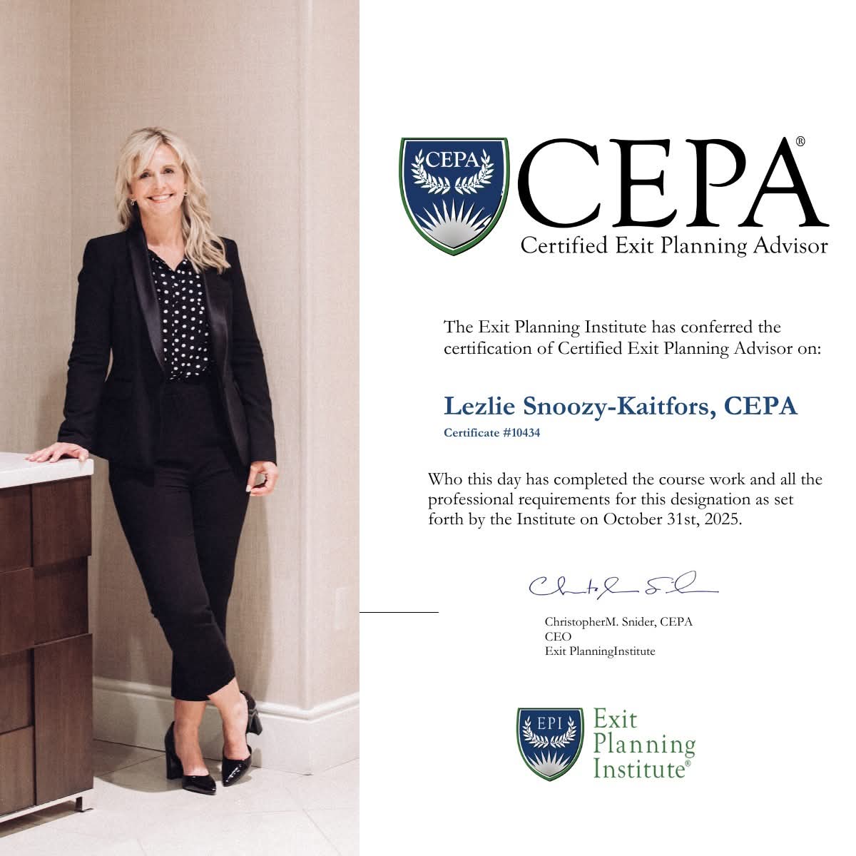 LezlieSK's tweet photo. I’m excited to share that I’ve earned my CEPA® (Certified Exit Planning Advisor) designation. 🎓

Why this matters: most business owners have 80–90% of their wealth tied up in their company, but very few have a clear, intentional plan for how they’ll someday step away—on their terms. Exit planning isn’t just about a sale price; it’s about aligning your business, finances, and life so the next chapter is just as meaningful as the one you’re in.

This CEPA® work fits right into what I already do—helping owners build strong cultures, better leadership, and more resilient, valuable companies. Now I can go even deeper in helping you grow transferable value and design an exit or succession that serves you, your family, and your team.

Here’s to building businesses that let us thrive as one—today and at transition. 🤝