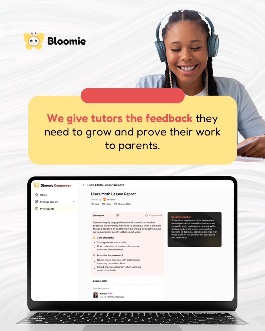 What if one solution could solve your two biggest challenges as a tutor?

1. Proving your value to parents.
2. Getting objective feedback to grow.

We built Bloomie for that. To elevate your credibility and skills simultaneously. 

Visit bloomie.com to learn more.