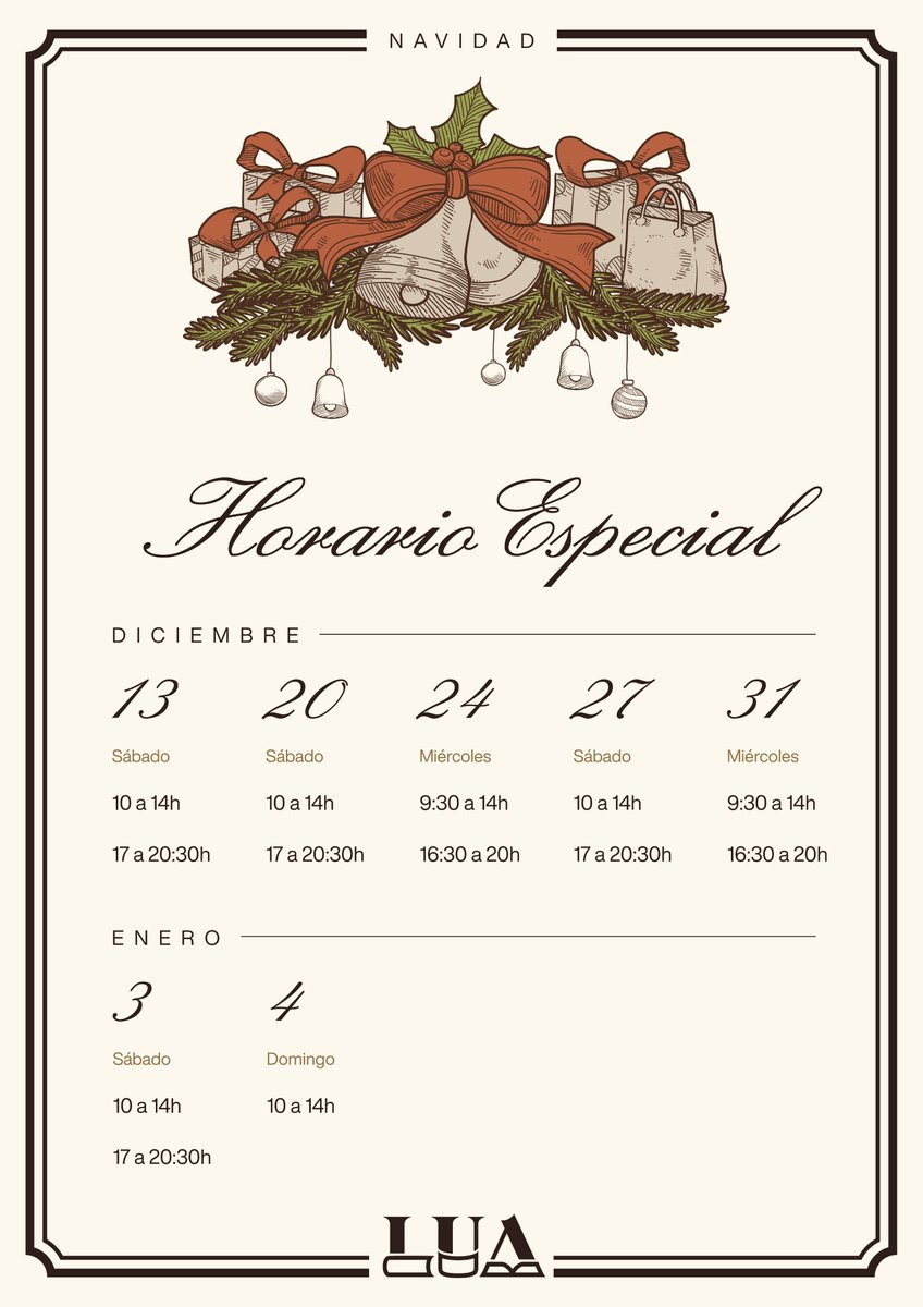 📚✨ Horario Especial en Nuestra Librería ✨📚

¡Amantes de la lectura! 📖💛
Estas semanas tendremos un horario especial para que puedas visitarnos con más comodidad y encontrar tus próximas historias favoritas.

🎄✨ ¡Felices fiestas! ✨🎄