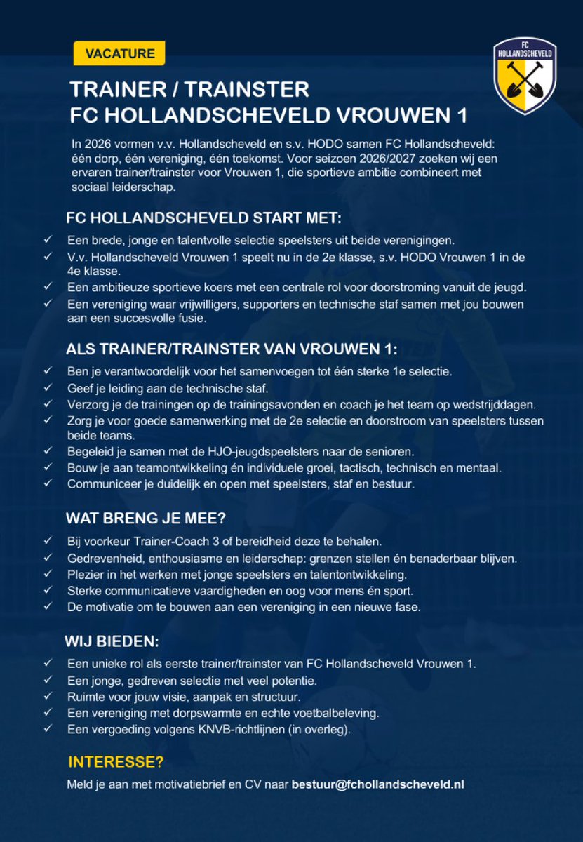 FC Hollandscheveld zoekt een damestrainer voor volgend seizoen