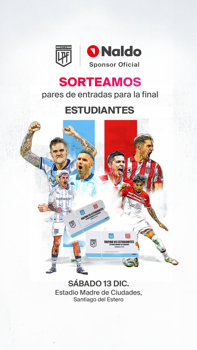 🎟️ SORTEO DE ENTRADAS Estudiantes 🏆 FINAL Torneo Clausura

🦁 Estudantes 🆚 Racing 🎓
REGISTRATE, PARTICIPÁ y ALENTÁ!
🎟️ Sorteamos pares de entradas para la parcialidad de Estudiantes de La Plata. (*)

Cómo tenés que hacer? Muy fácil...
✔️ Completá tus datos en 👉