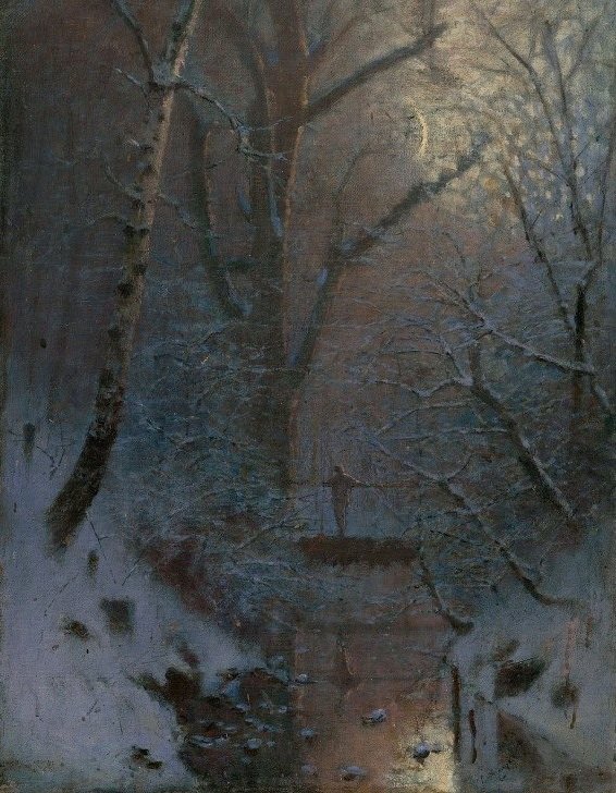"I love the dark hours of my being.
 My mind deepens into them.
 There I can find, as in old letters,
 the days of my life, already lived,
 and held like a legend, and understood."
        ~ Rainer Maria Rilke

Winter Night in the Forest (1888) 
      🎨 Ladislav Mednyánszky