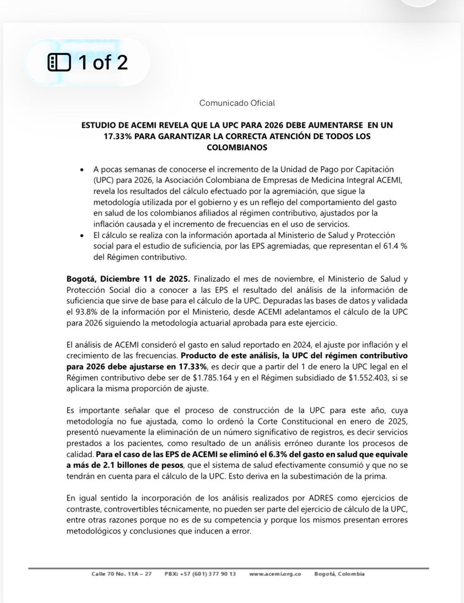 #SALUD | Un análisis de la Asociación Colombiana de Empresas de Medicina Integral ACEMI, consideró que la Unidad de Pago por Capitación (UPC) debería ser ajustada por el gobierno en 17.33% para el 2026.

“Una prima insuficiente es un sistema deficitario donde los agentes operan