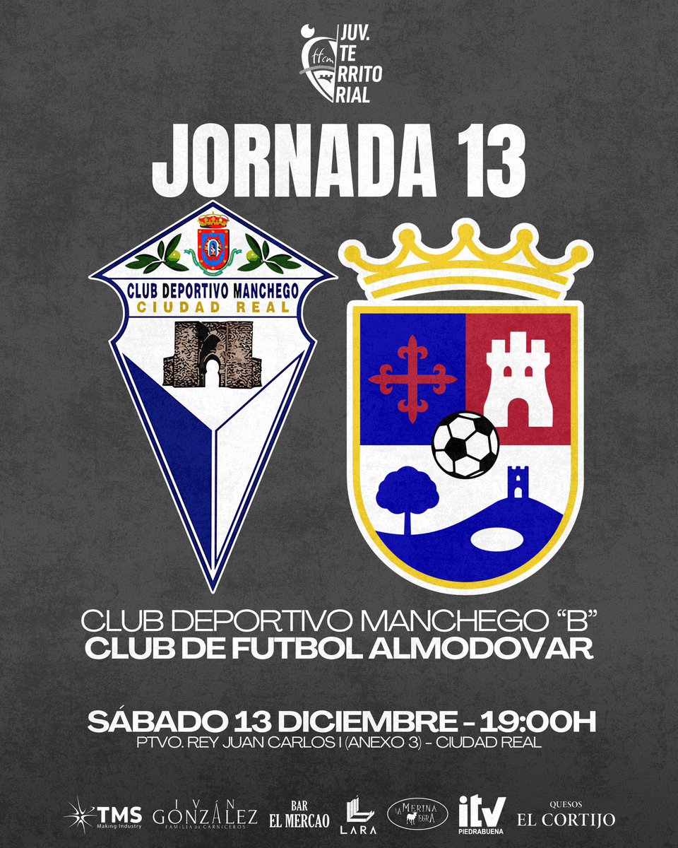 🏃𝐉𝐔𝐕𝐄𝐍𝐈𝐋

🏆 Jornada 13
🆚 <a href="/CanteraCDM/">Cantera C.D. Manchego</a> 
🗓️ 13 Diciembre
⏰ 19:00H
🏟️ Ptvo. Rey Juan Carlos (Anexo 3)
🚌 Ciudad Real