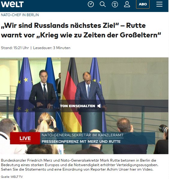 NATO-Generalsekretär Mark Rutte (links im Bild) ist der grösste Kriegshetzer auf dem Planeten. Warum wird dieser Scheisstyp wegen seiner unsäglichen Hetze nicht endlich verhaftet? 

Der Lügenkanzler ist da leider nicht viel besser. Dunkelland auf dem Weg wie schon zwei Mal