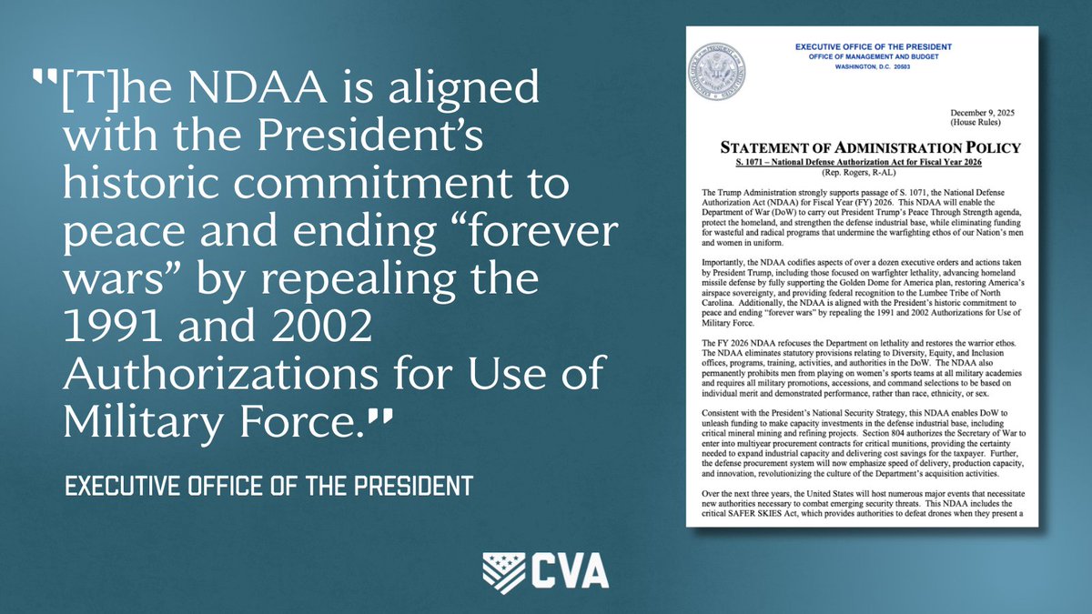 .<a href="/RapidResponse47/">Rapid Response 47</a>: The <a href="/WhiteHouse/">The White House</a> sent a letter to the <a href="/RulesReps/">House Rules Committee</a> Committee, stating, “If S. 1071 was presented to the President in its current form, he would sign it into law.”
 
CVA urges Congress to get the NDAA to <a href="/POTUS/">President Donald J. Trump</a>’s desk to help End Endless Wars.