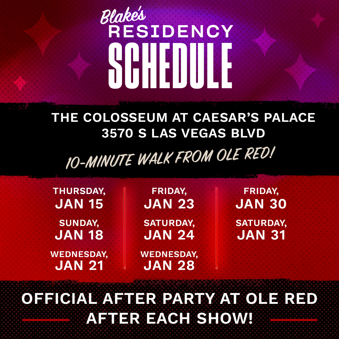 OleRed's tweet image. Mark your calendars, Las Vegas! 👀

@blakeshelton returns to his Caesars residency in January and we’ll be throwing a party after each show 🤠🤘

We can't wait to see y'all at Ole Red, right across the street from @ColosseumatCP!