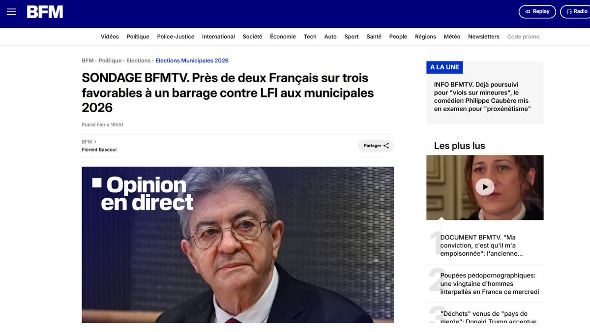 🔴Sondage : les propagandistes en croisade

Hier, BFM titrait "2 Français sur 3 favorables à un barrage contre LFI aux municipales".
Dans ce sondage Elabe : 26% des insoumis·es veulent un barrage contre leur propre candidat·e.

Comment manipuler l'opinion ? Cas d'école 🧶🔎