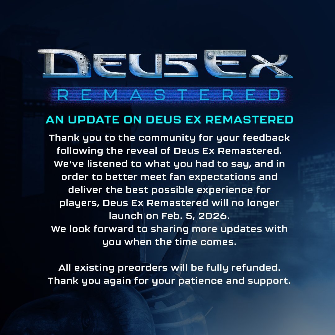 Wario64's tweet image. Deus Ex Remastered is delayed