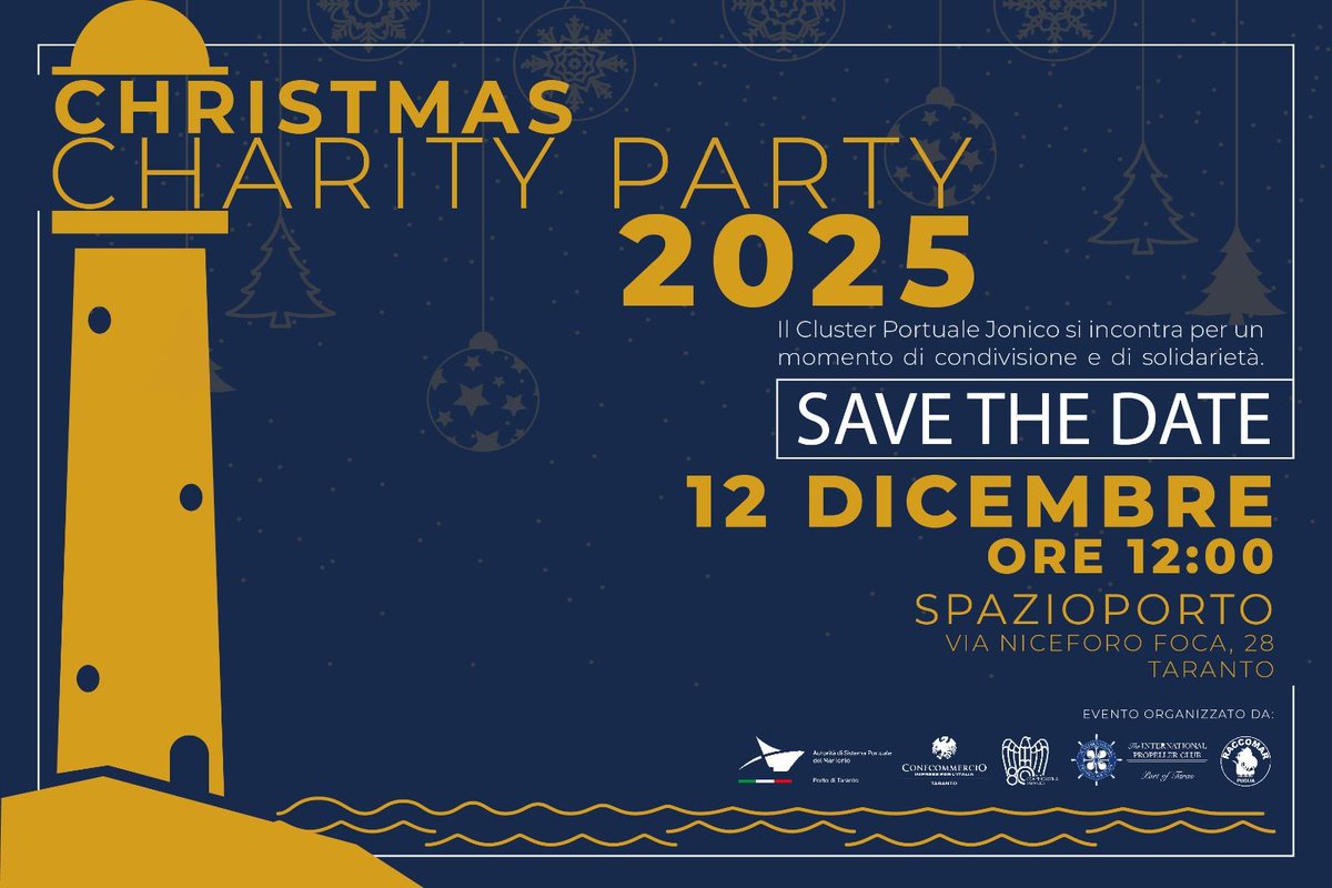 Domani 12 Dicembre come consuetudine ci riuniremo presso Spazioporto alle ore 12,00 per un momento di condivisione tra noi raccomandatari marittimi e portuali e un momento di solidarietà attraverso le donazioni alla Associazione Genitori Taranto Onco Ematologia ETS ODV