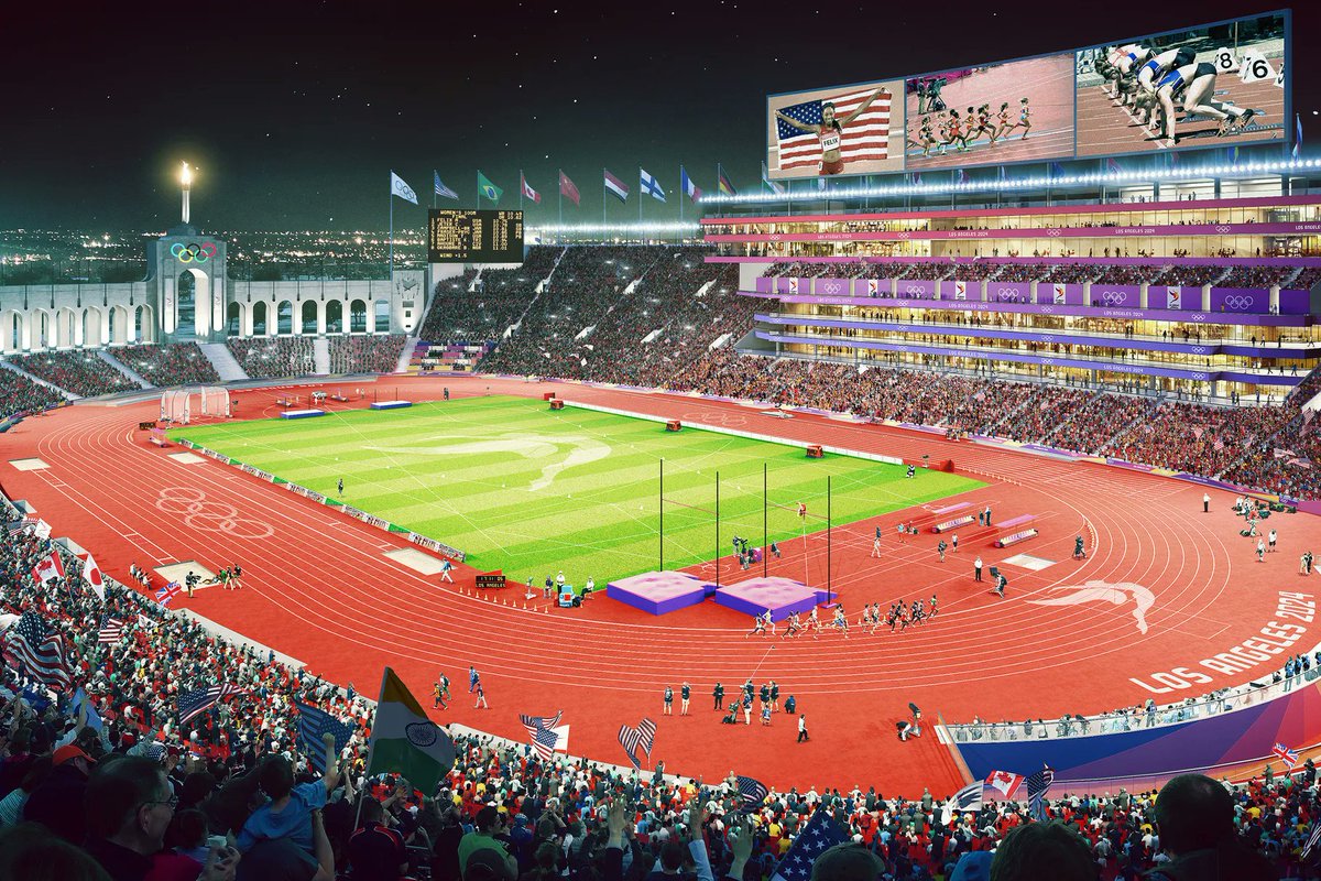 ArashMarkazi's tweet image. This is what the Los Angeles Memorial Coliseum will look like for the 2028 Summer Olympics. It will feature "a unique, elevated, temporary track built over existing seats. The complex build involves placing columns 11 feet above the field after the 2027 USC football season."