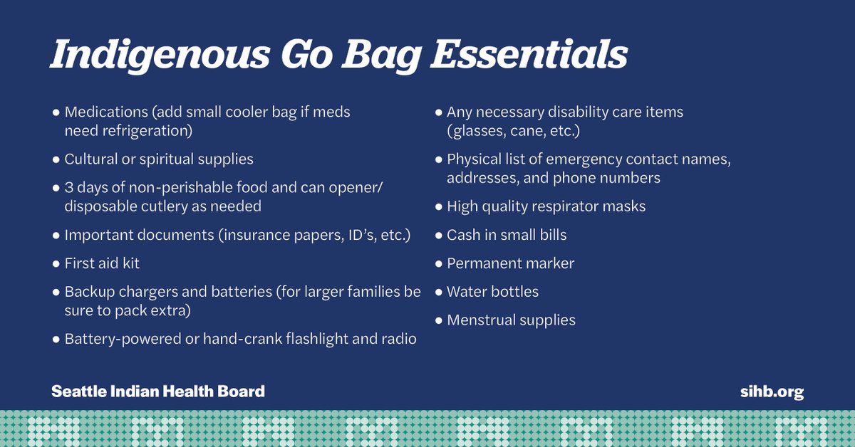 TheSIHB's tweet photo. Our hearts go out to our relatives who may have to evacuate their homes due to this week's flooding. We have a few suggestions of what you may want to pack in your Indigenous go-bag.

Please follow directions from your local first responders. We want you to stay safe. https://t.co/ftBnytSt5n